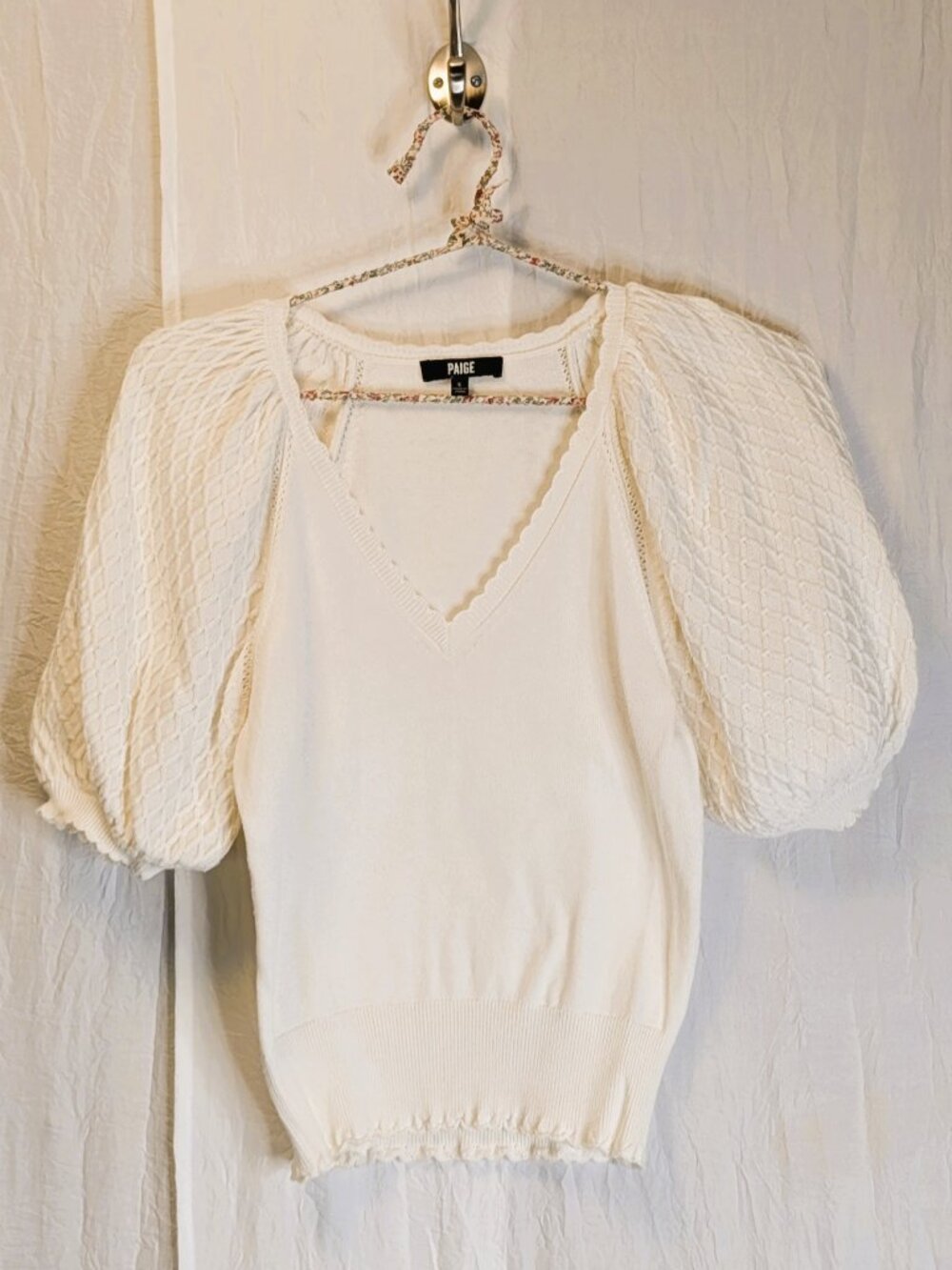PAIGE Luz Sweater White Puff Sleeves Intricate Textured Detailing Small